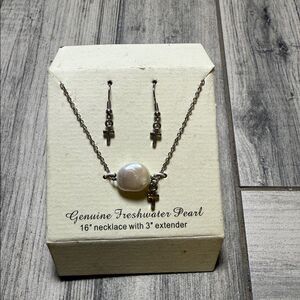 Genuine Freshwater Pearl and cross necklace and earring set
